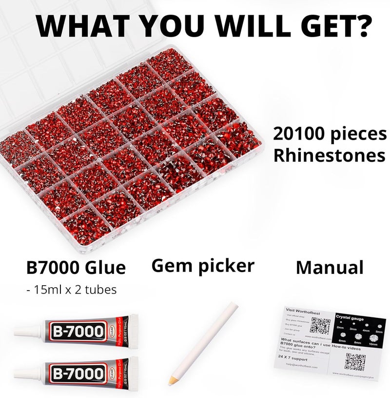 Worthofbest 20100Pcs Red Resin Rhinestones 2,3,4,5,6mm Flatback for Bedazzling Crafting Crafts Clothing Clothes Fabric Shoes Nail Art, Flat Back Gems Diamonds Bedazzle Kit Bulk Jewels Crystals Gemstones - Image 2